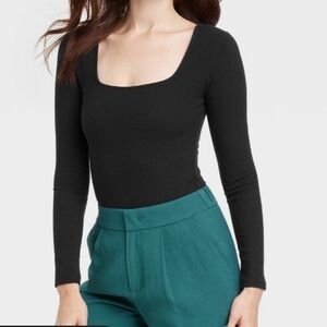Women’s A New Day Black Ribbed Long Sleeve Bodysuit